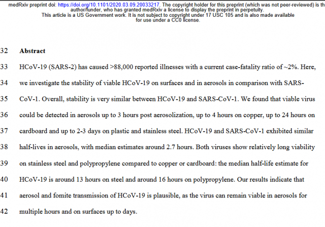 "Viable HCoV-19.. detected:  in aerosols up to 3 hours  up to 4 hours on copper  up to 24 hours on cardboard  up to 2-3 days on plastic & stainless steel  Median half-life estimate around 13 hours on steel & around 16 hours on polypropylene" #coronavirus 